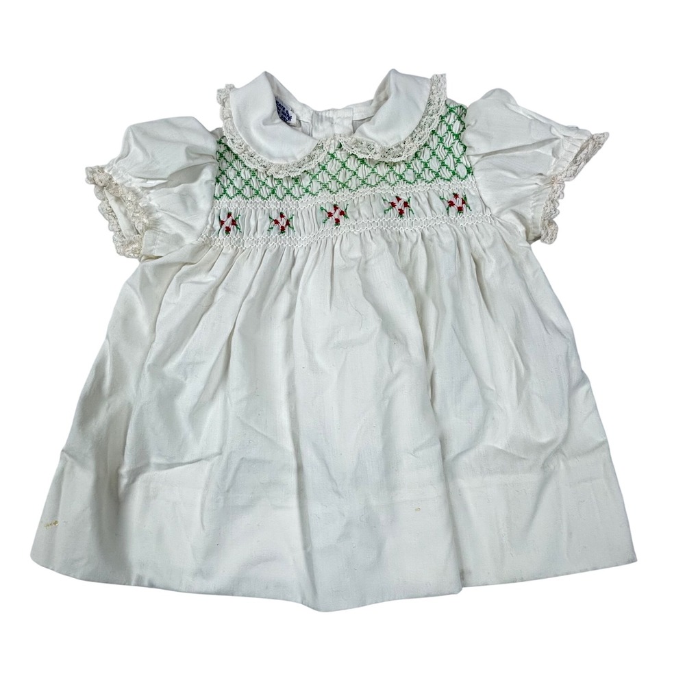 VTG Polly Flinders 18M Hand Smocked‎ Baby Dress Christmas Floral Embroidery Lace